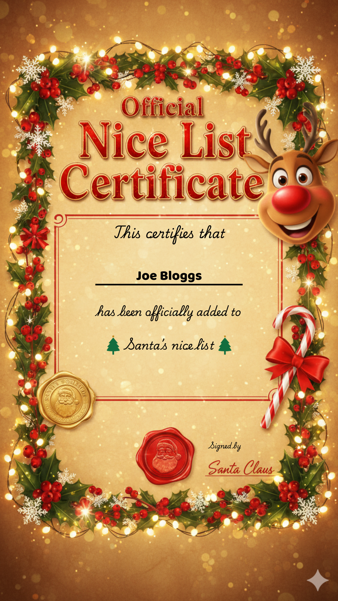 Personalized Nice List Certificate from Santa | Official North Pole Award